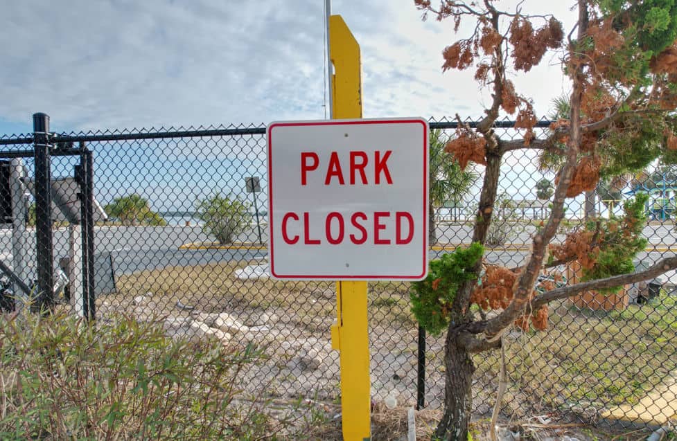 'Park Closed' sign at the main entrance of Pine Island. [Credit: Mark Stone]