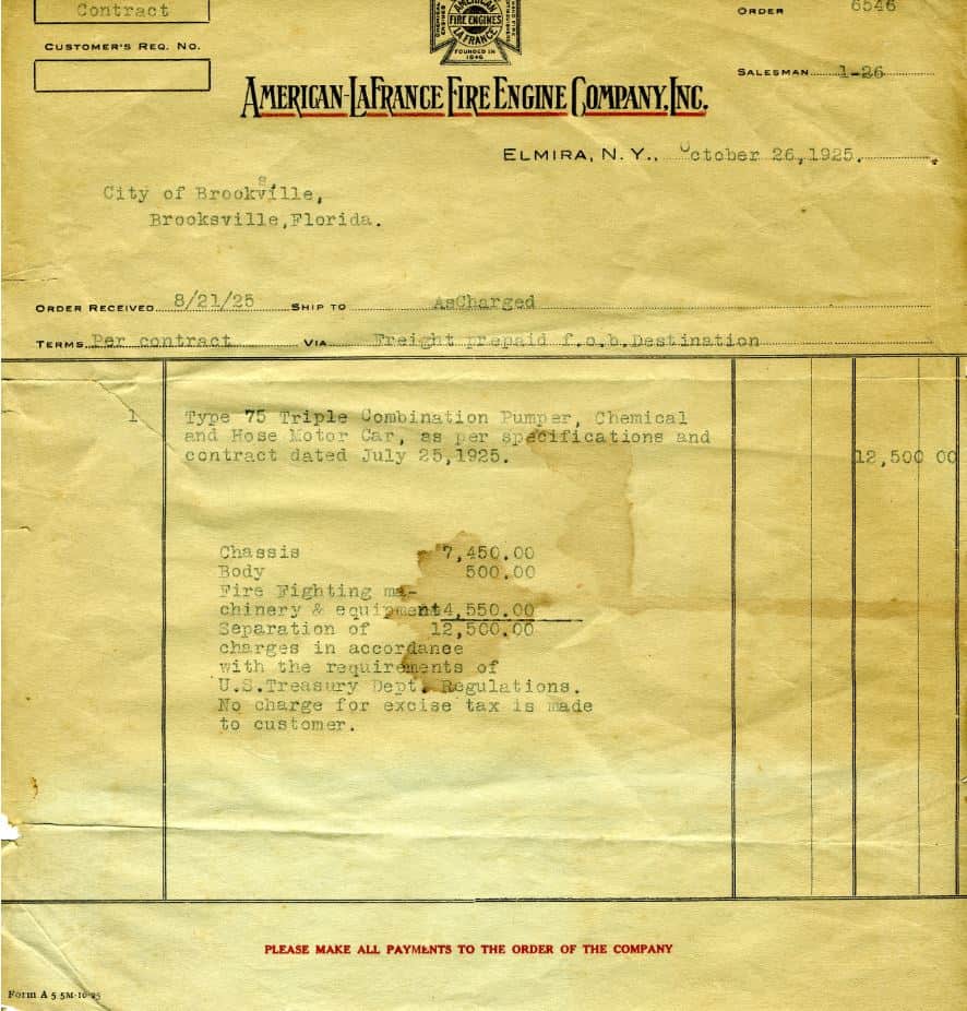 Fire engine invoice from American LaFrance Fire Engine Company. [Courtesy of HHMA]