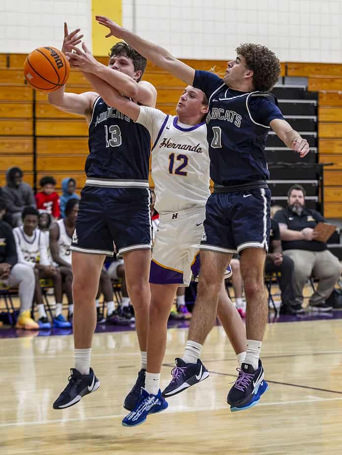 Wildcats' Nick Sciortino, 0, and Tim Astapenka, 13, push the basketball out of Hernando player Blake Williams, 12, possession. (Photo by Hanna Maglio)