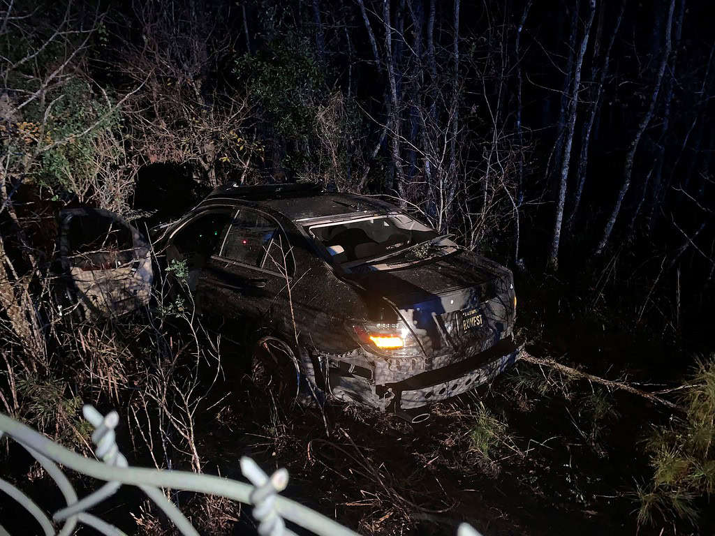 Car with fictitious California plate crashed near 50 and 98 on Jan. 14, 2025. Driver fled the scene. Credit: FHP