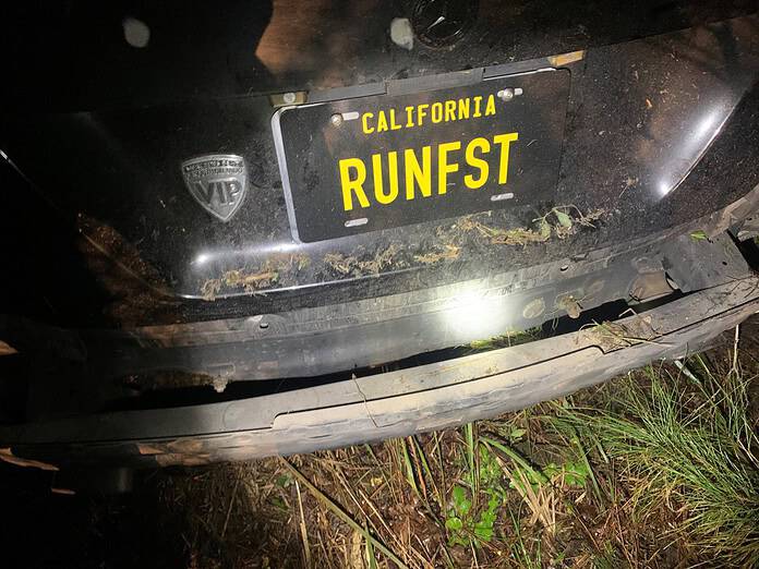 Car with fictitious California plate crashed near 50 and 98 on Jan. 14, 2025. Driver fled the scene. Credit: FHP