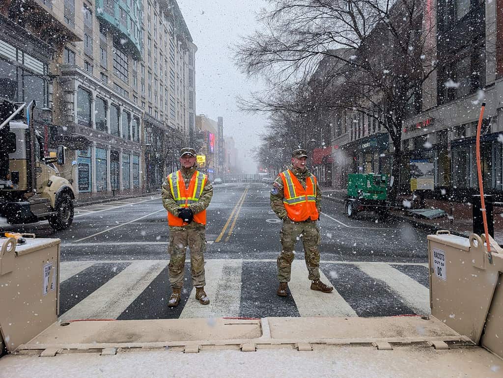 Guards block off a road in Washington, D.C., for the Make America Great Again Victory Rally on Sunday, Jan. 19, 2025. 
[Credit: Hanna Fox Maglio]