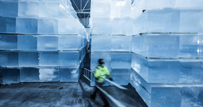 Ice blocks are harvested from the River Borne and held in storage until the new Icehotel is built each year. [Photo courtesy of The Icehotel, Sweden]