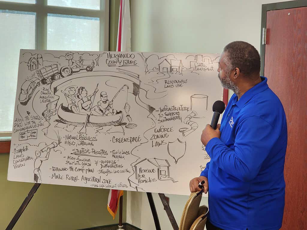 Johnathan Massie, Collaborative Labs' Business Illustrator/Consultant, created an image that encompassed all of the topics that are of biggest concern to citizens at Tuesday's strategic planning meeting. [Credit: Austyn Szempruch]