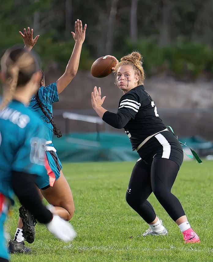 Weeki Wachee High QB, Karly Pasmore readies to throw in the game with visiting Sunlake High Thursday in Brooksville. [Photo by Joe DiCristofalo]