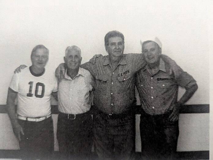 Four Sailors’ 1987 Reunion, 44 years after their rescue. (L-R) James H. Lowes, Joseph Costa, Charles J. Clark, Jr., and Robert Garmy. [Courtesy photo]