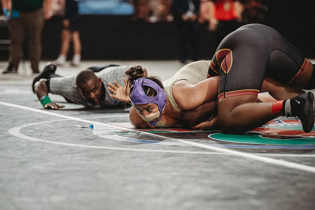 Grace Leota (SR) of Hernando won by fall over Cerenity Whiting of Countryside in a 190-pound match at the 2025 FHSAA State Championships Finals.[Photo by Cynthia Leota]