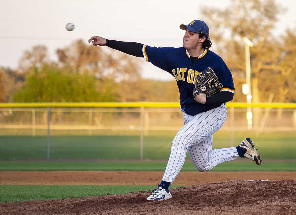 Aiden Marsiglio, 30, pitches the ball to the batter during a game at Nature Coast Technical High School in Brooksville, Fla., on Wednesday, March 19, 2025. (Photo by Hanna Maglio)